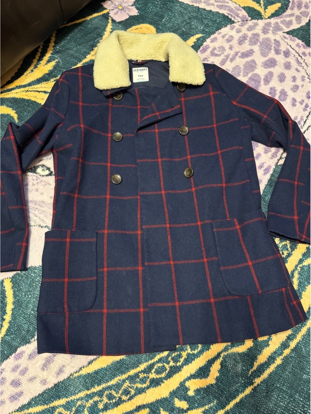 Plaid wool coat with removable collar